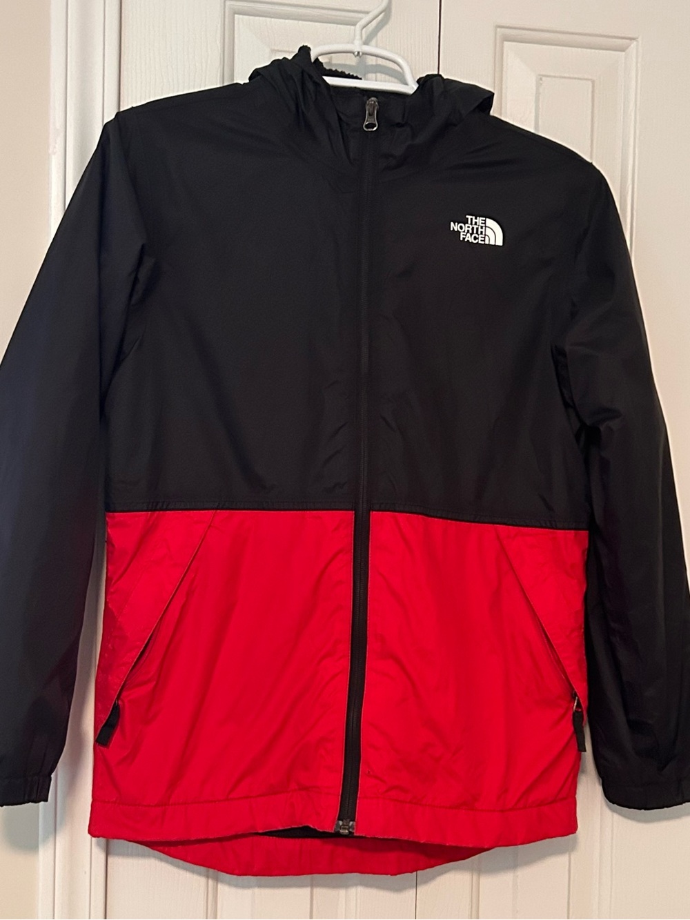 The North Face Kids Black and Red Hooded Rain Jacket